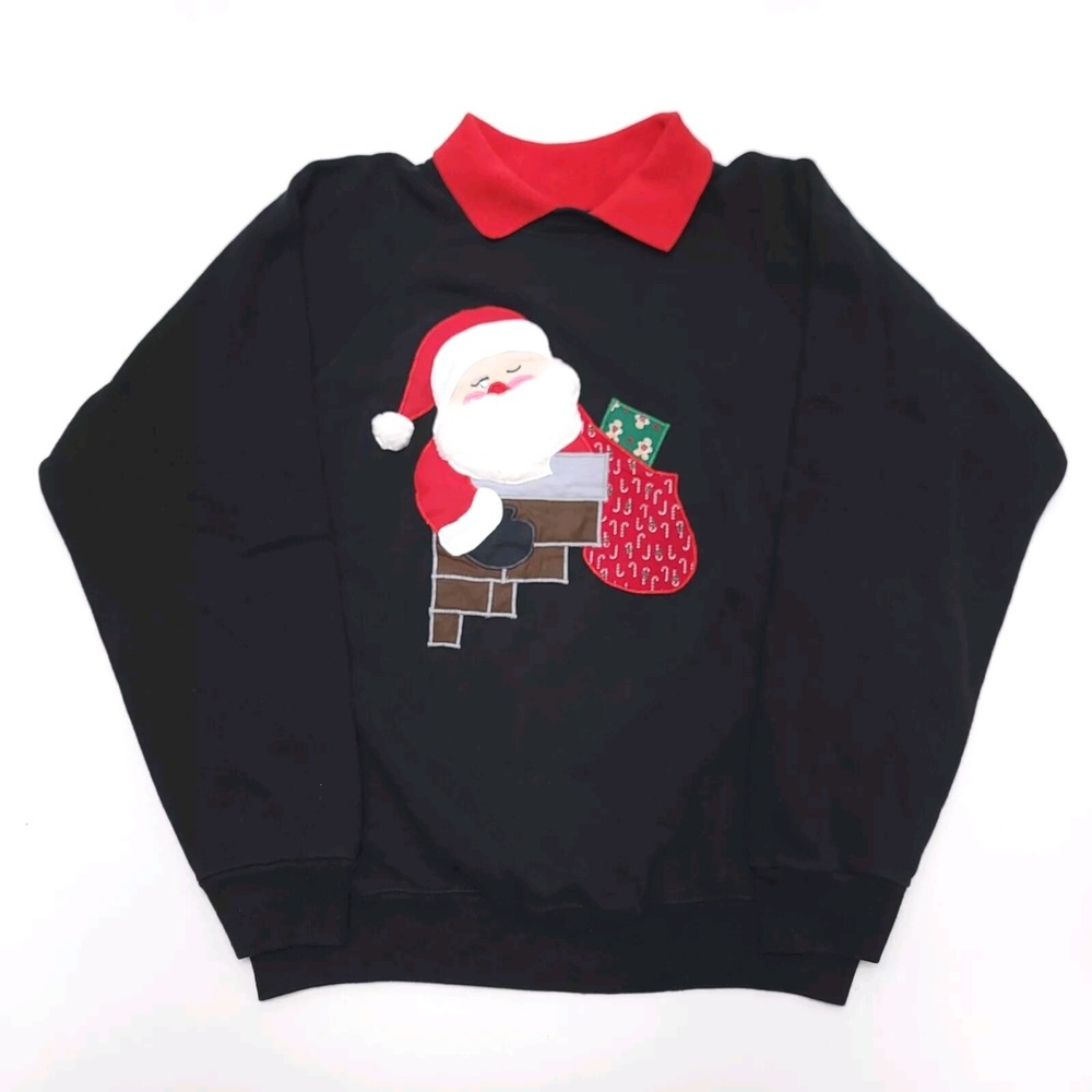 Vintage Christmas Sweatshirt Collared Large Santa Black Red Holiday Hanes 80s